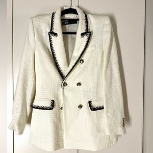 Zara - new with tags- white textured blazer with brown trim.